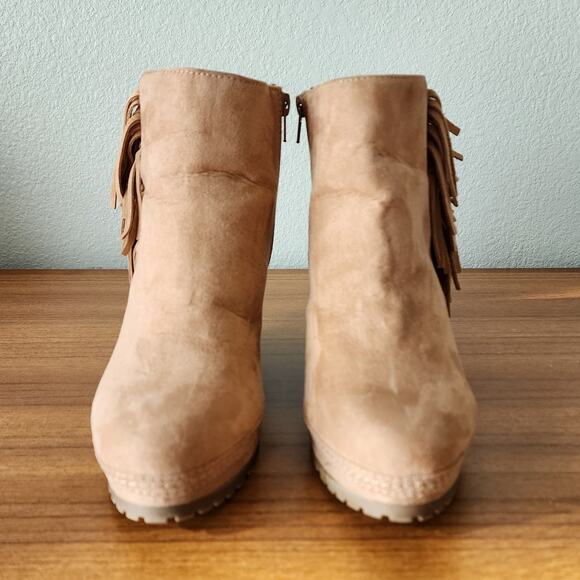 Massini Faux Suede Fringe Zip Hidden Wedge Ankle Booties - Picture 2 of 9